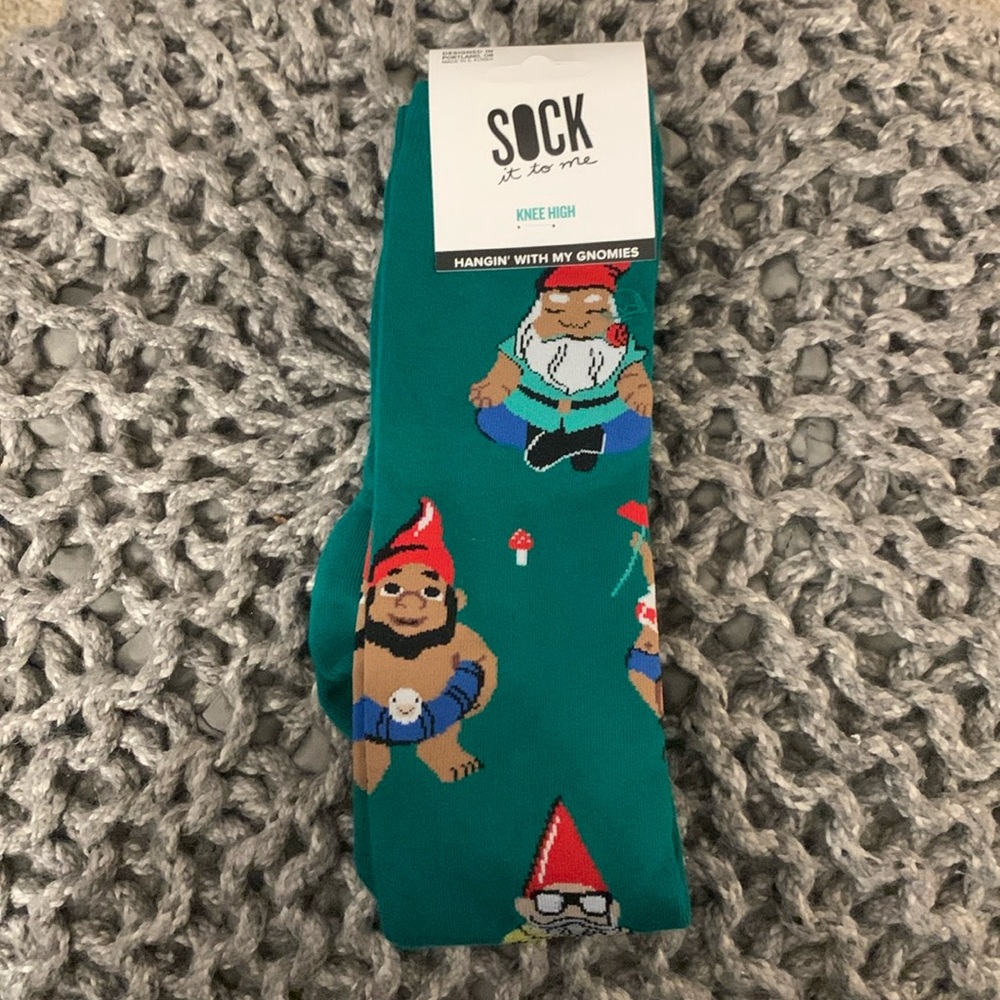 New with tags Sock It To Me knee high socks, gnome theme